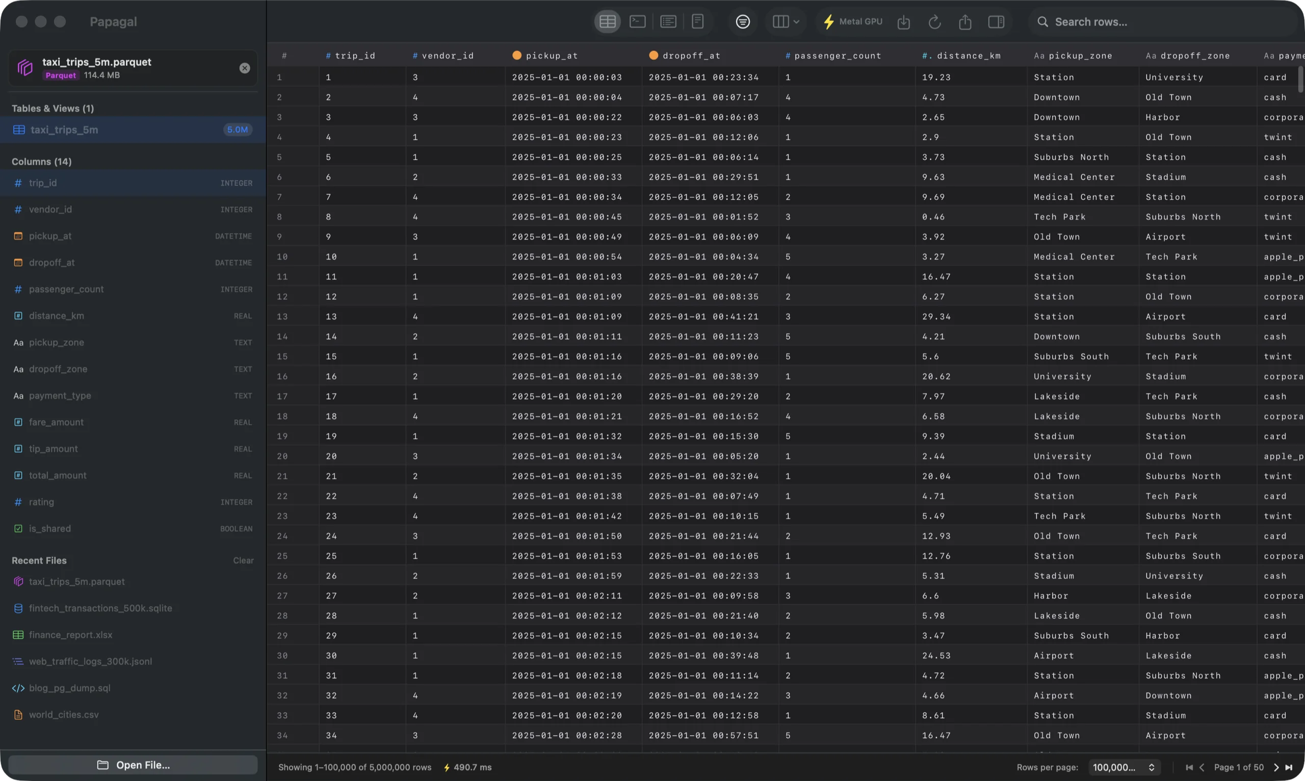 Papagal showing a 5,000,000-row Parquet file of taxi trips in its data grid